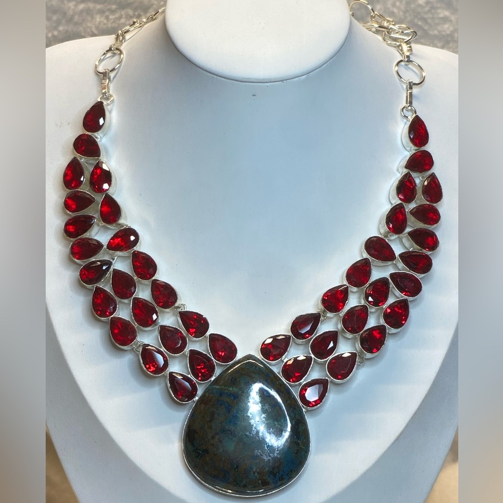 Vintage Large Garnet Stone w Red Glass Bead Accents Bib Necklace Sterling Silver